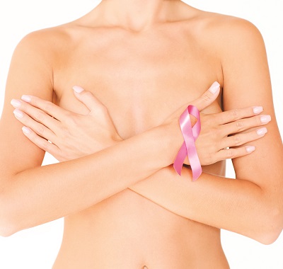 naked woman with breast cancer awareness ribbon